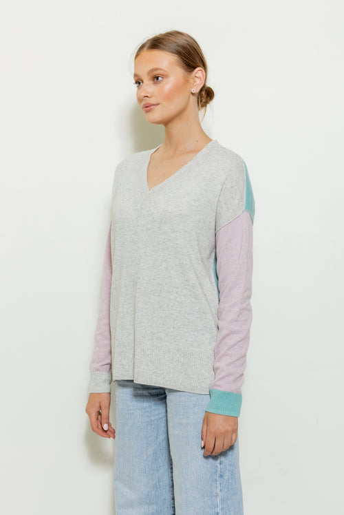 Violet Colour Block V Neck Knit - grey marle with glacier green and pale orchid