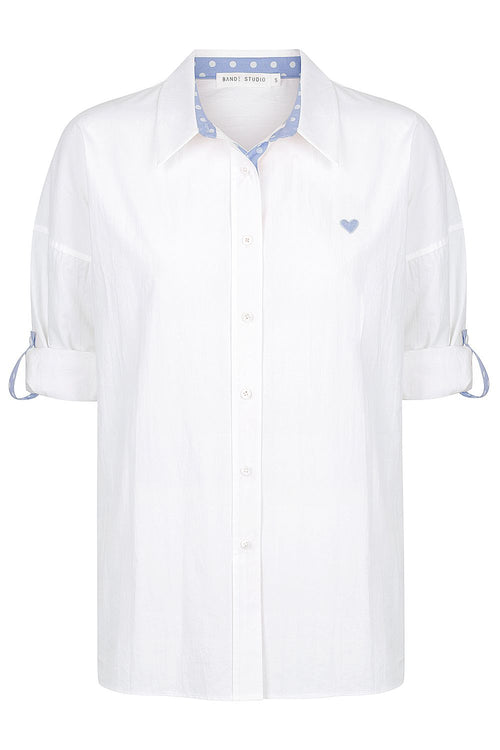 CLASSIC OVERSIZE SHIRT WITH POLKA DOTS - WHITE WITH DEEP OCEAN POLKA DOTS