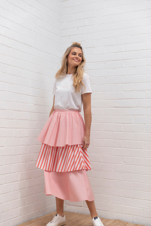 Tiered Stripe Skirt - candy red stripe