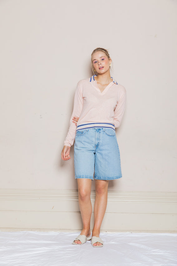 LILLY LONG SLEEVE LINEN POLO KNIT - BLUSHING PINK