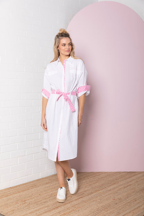 Gingham Shirt Dress - white w/ pink gingham